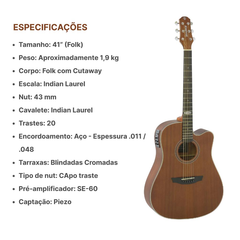 Violao Strinberg Sd200 Mogno Folk Aco Eletrico Kit Capa