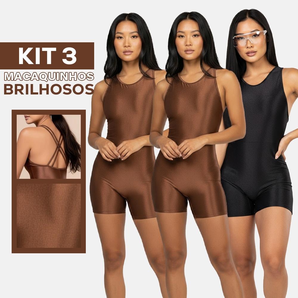Kit 3 Macaquinhos Esportivo Feminino Canelado Com Brilho Perfeito Para Treinos E Academia