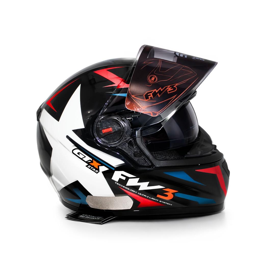Capacete Gtx Star Azul Com Vermelho Óculos Interno Narigueira Viseira Cristal