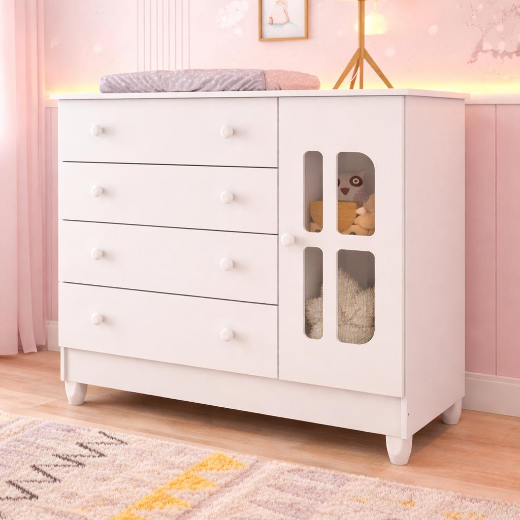 Cômoda Infantil 4 Gavetas Com Porta Fraldário Gabrielle 100 Mdf Branco