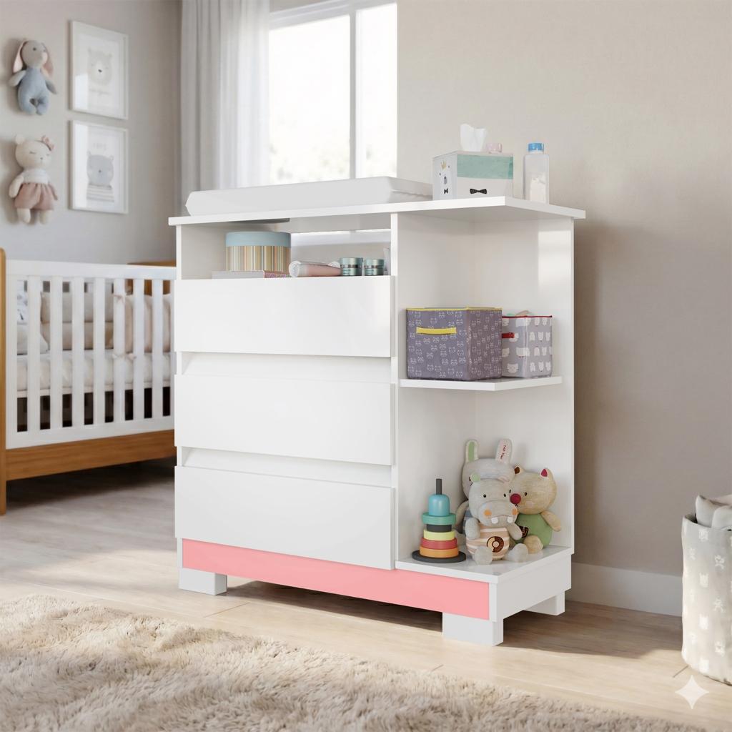 Cômoda Infantil 3 Gavetas Com Nichos E Trocador Organizador Quarto Bebê Multiuso Com Pés Reguláveis