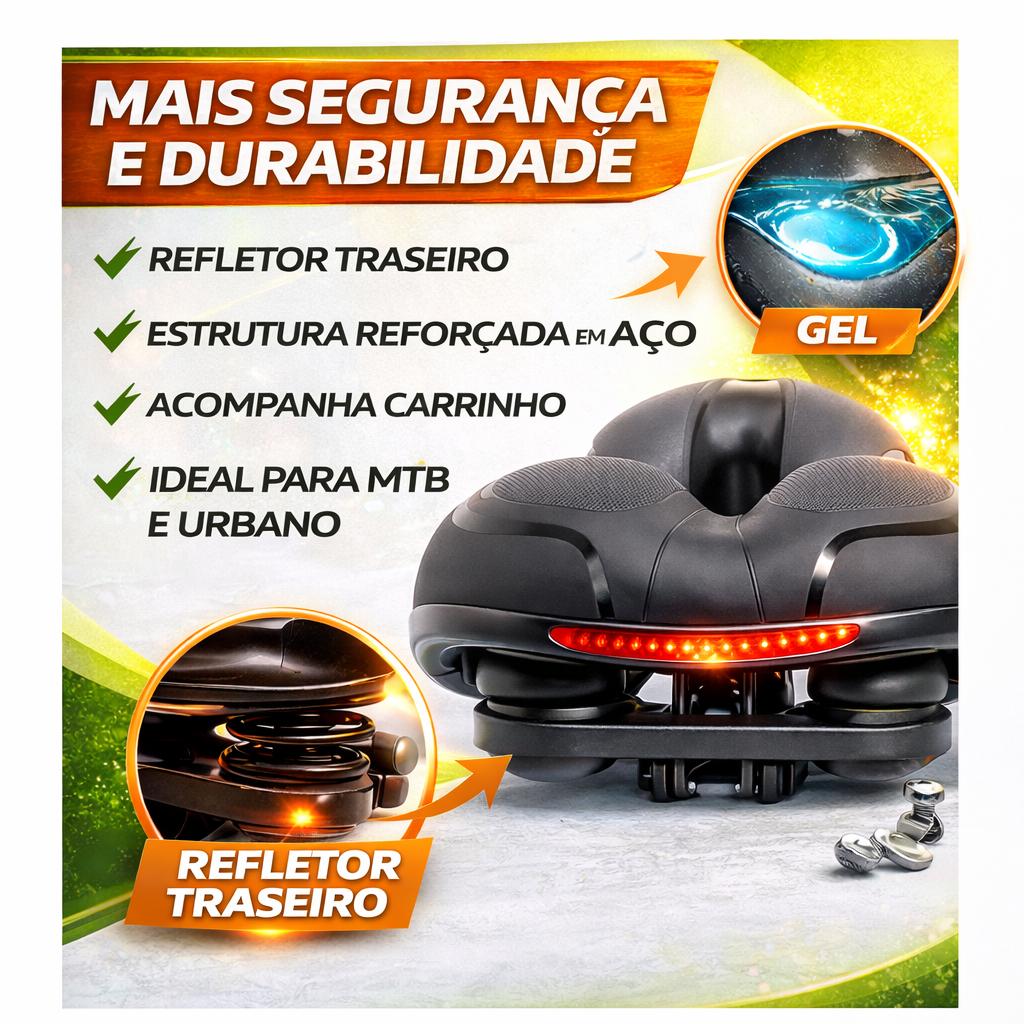 Banco Selim Gel PLUS 2 Molas Gta Largo Com Fita Refletiva Segurança Bicicleta Bike Mtb