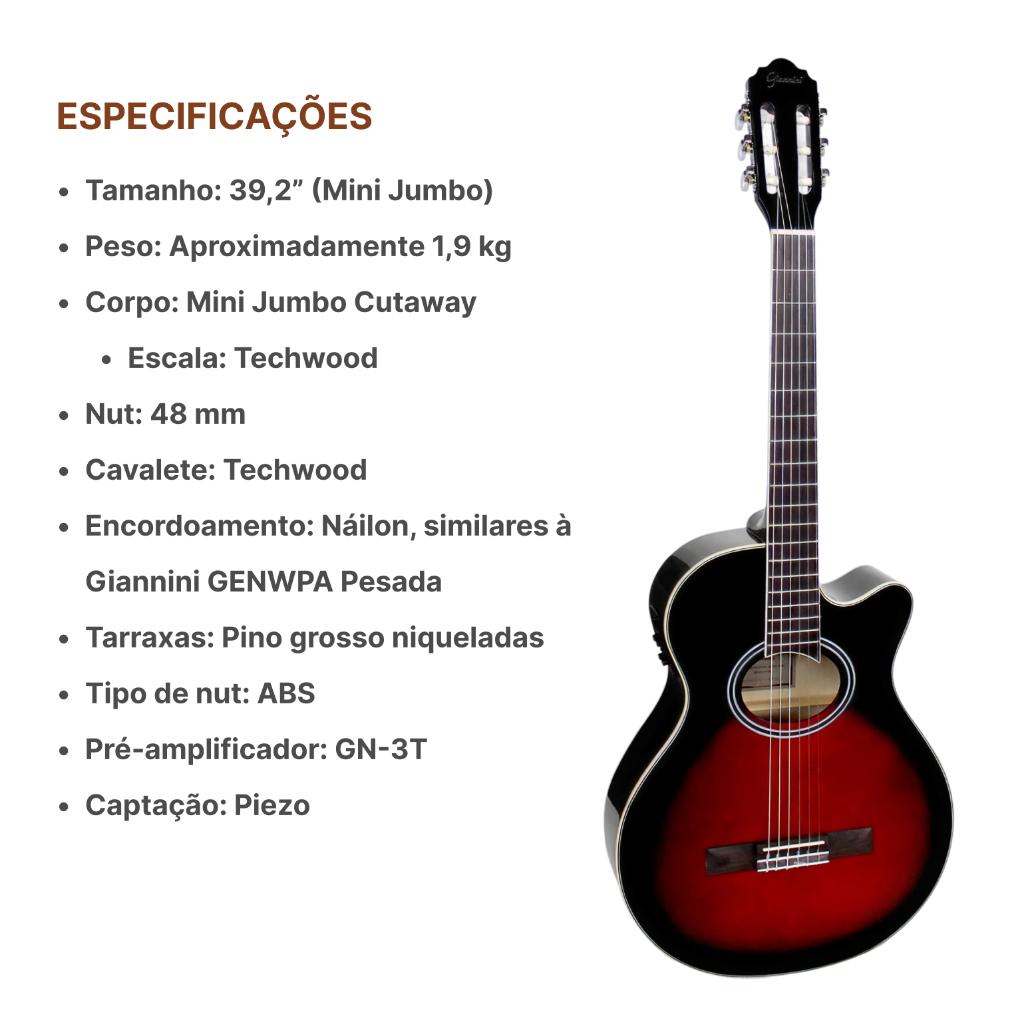 Violão Giannini Nylon Gnf-1d Ceq Brb Mini Jumbo Elétrico Kit