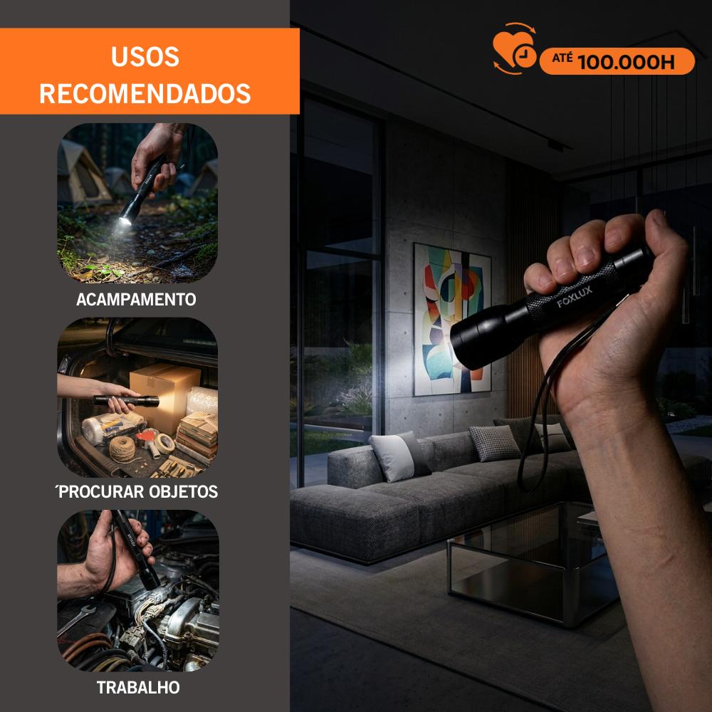 Lanterna LED Foxlux Alumínio MI9 Luz Intensa Portátil Pilha Aa Camping Emergência Trilhas