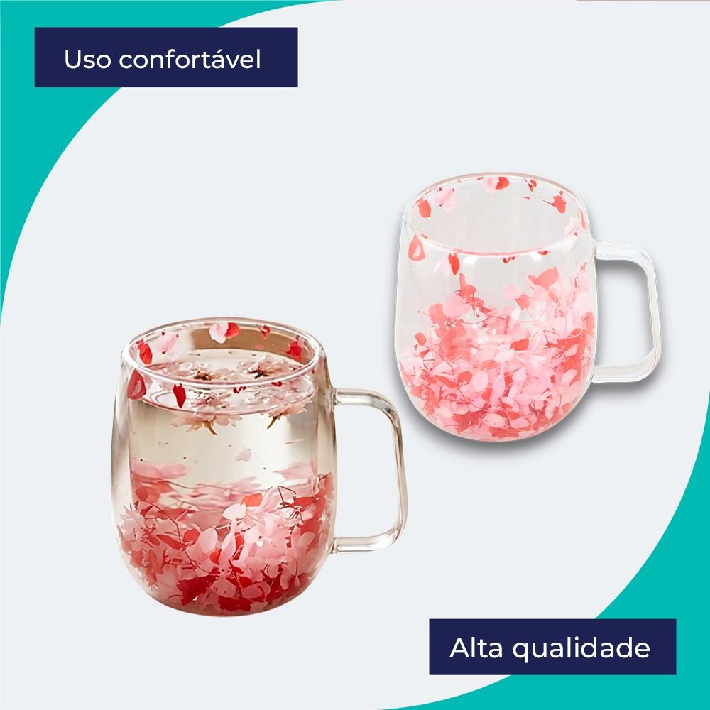 Xícara Parede Dupla De Vidro Flor Rosa Seca 350ml Ruvolo