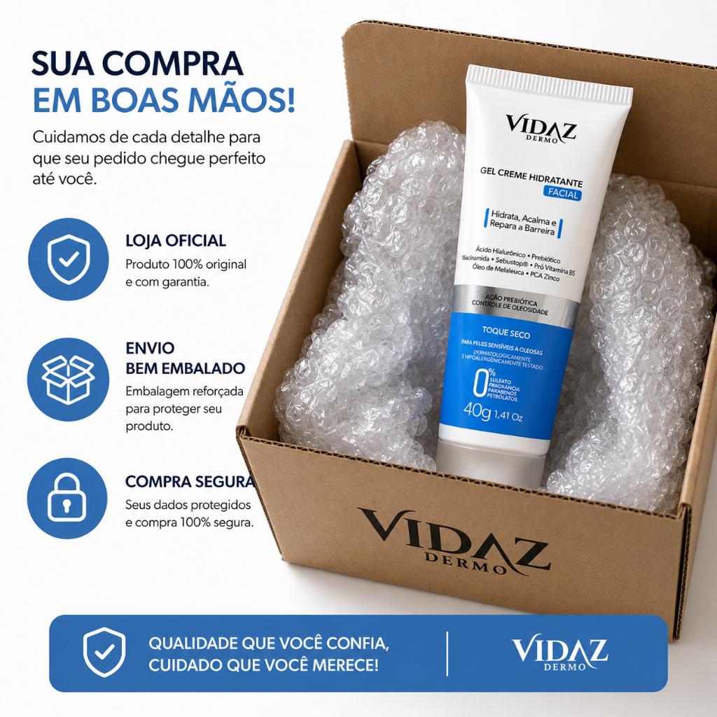 Gel Creme Hidratante Facial Vidaz 40g Ácido Hialurônico Niacinamida Pele Oleosa E Sensível