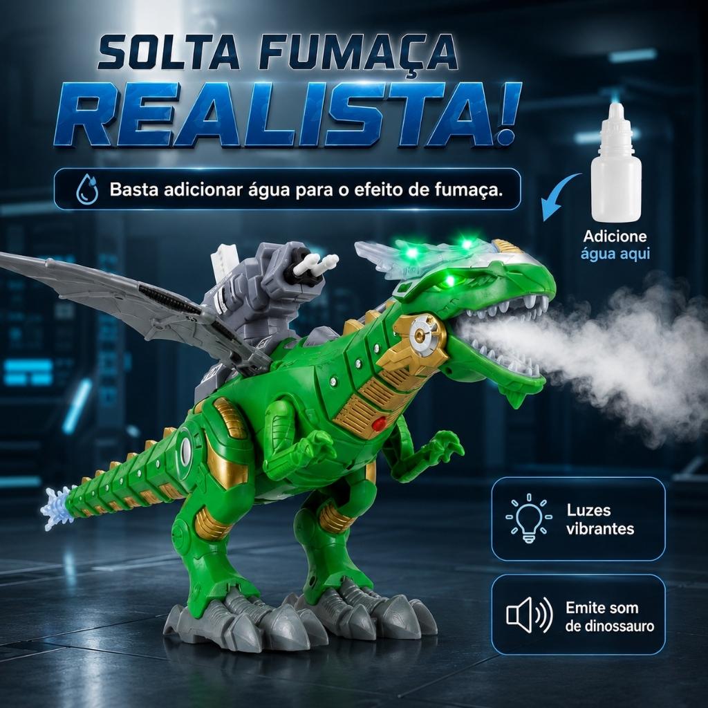 Dragão Robô Dinossauro Com Controle Remoto Luz Som Solta Fumaça Anda Sozinho Bate Asas Kizumba