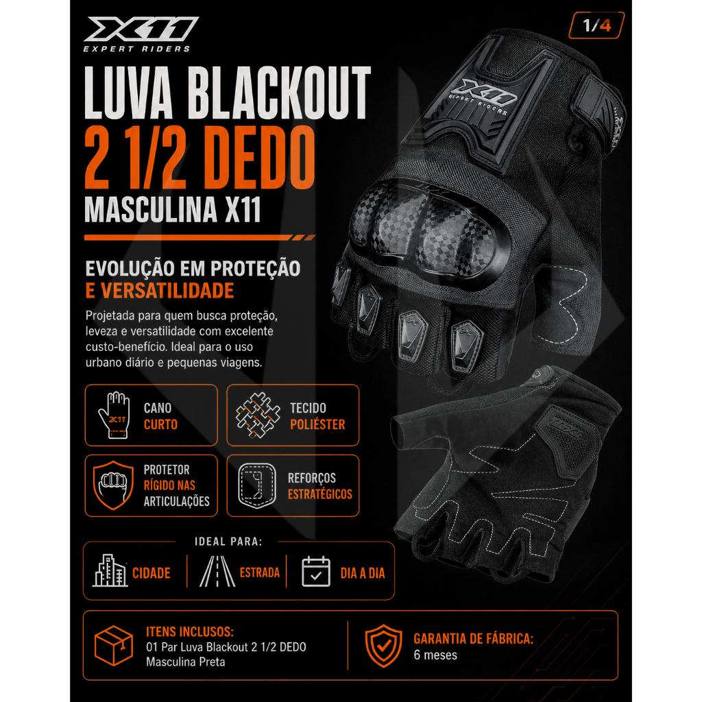 Luva Meio Dedo X11 Blackout 2 Masculina Preta Motoqueiro Moto Motociclista