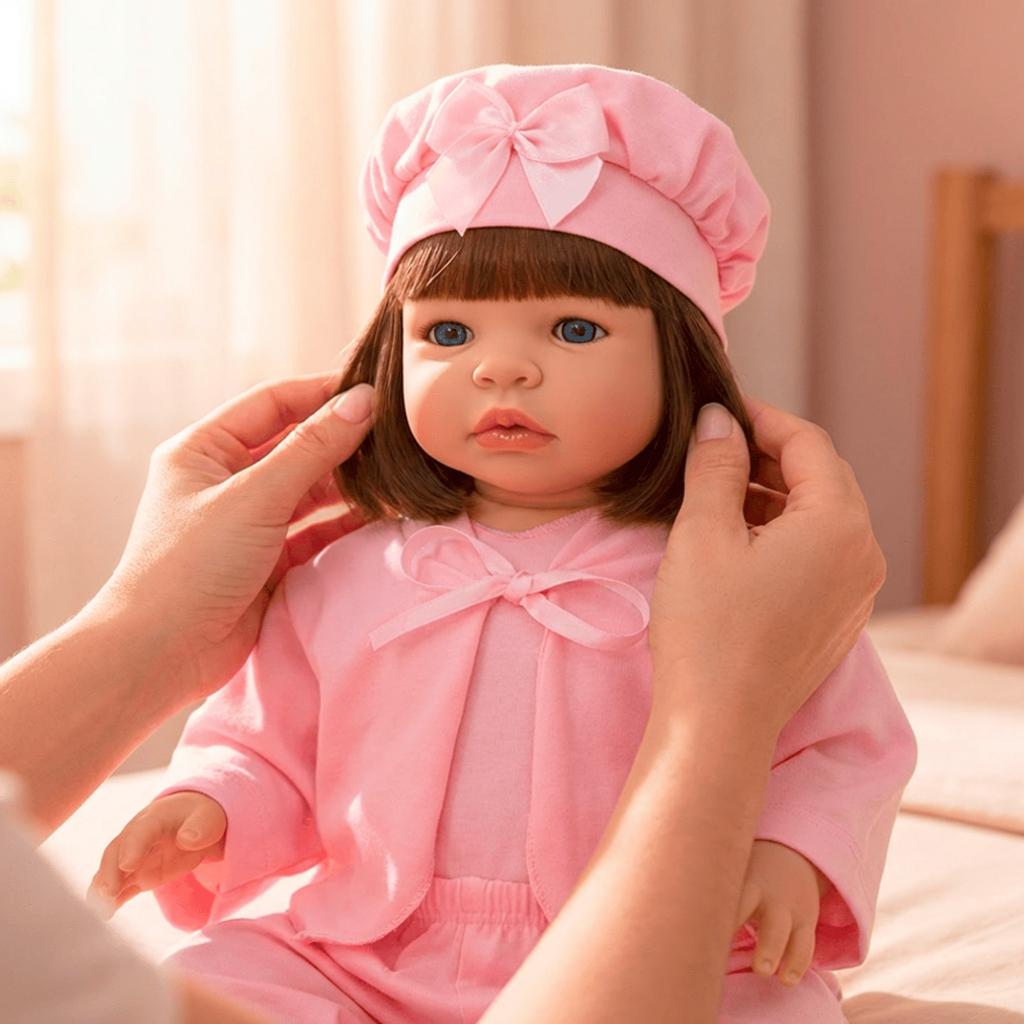 Bebê Reborn Realista Com Corpo De Silicone Articulada Cílios E Cabelo Castanho E Costurado Pode Dar Banho