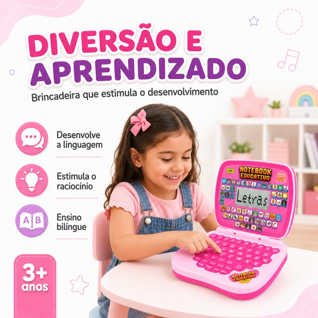 Laptop Notebook Infantil Educativo Menino Menina Estudo Bilingue Inglês Português Notebook Kizumba