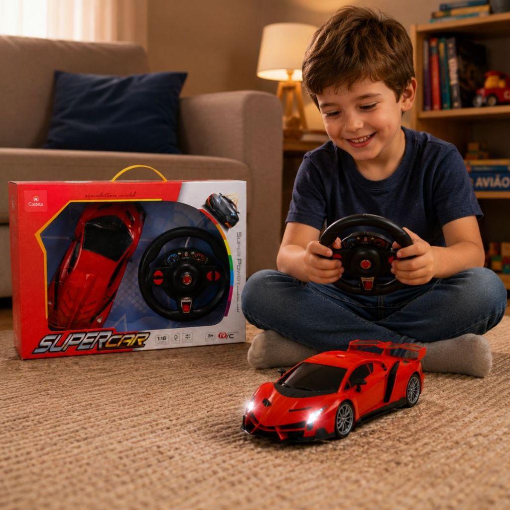 Brinquedo Infantil Carrinho De Controle Remoto Super Car Com Luz E Volante - Castela