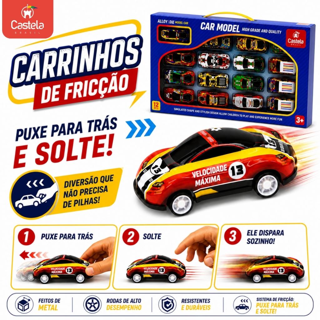 Kit 12 Carrinhos De Ferro Metal Miniatura Fricção 1 64 Pack Sortido Carro Esportivo Castela