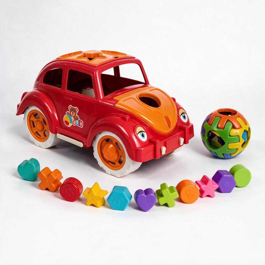 Kit Brinquedos Educativos Fusca + Bola Meninos +12 Meses Acompanha 11 Formas Geométricas Cert.inmetro Queen Shop