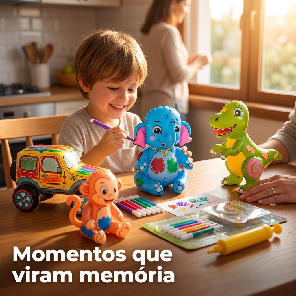Brinquedo Inflável De Colorir Lavável + Canetinhas Criativo Infantil Dino Macaco Carro Elefante