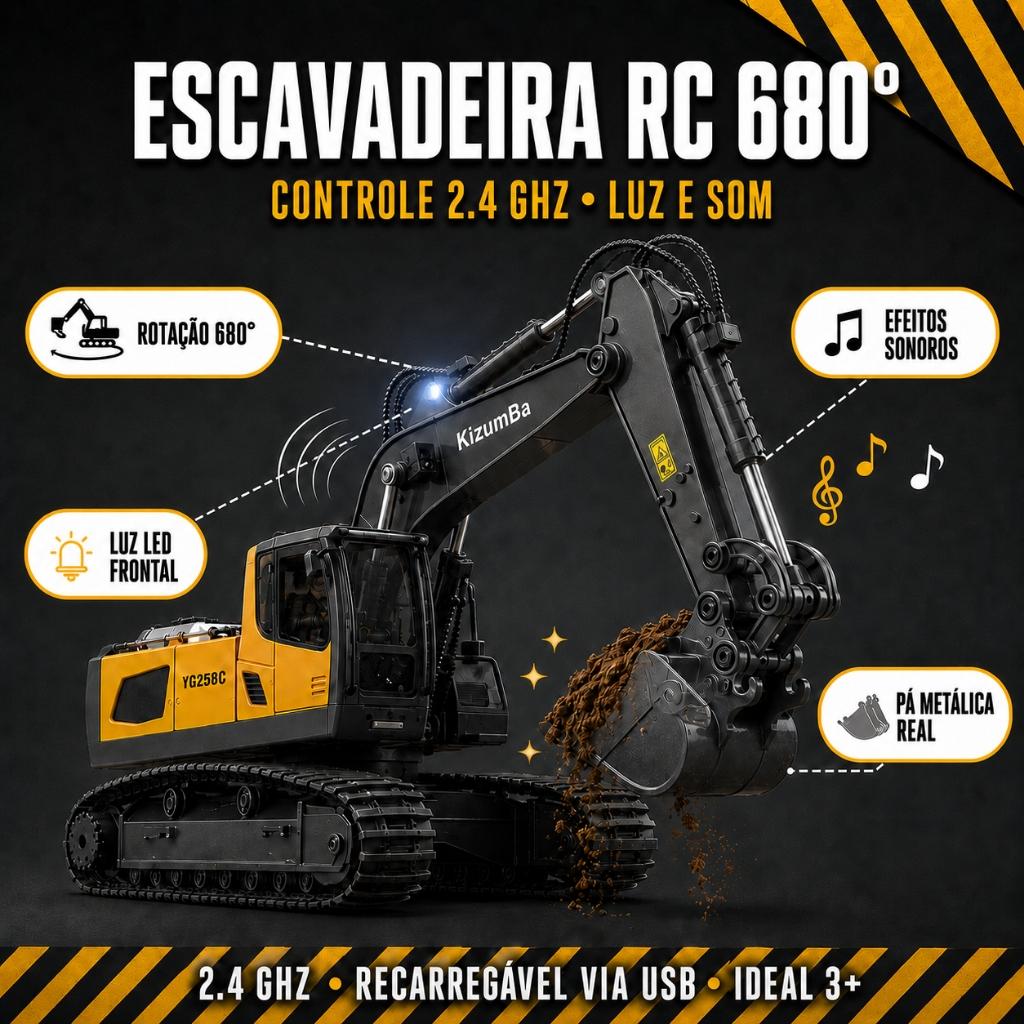Trator Controle Remoto De Brinquedo Escavador Infantil Com Esteira Pás Em Metal Escavadeira Kizumba