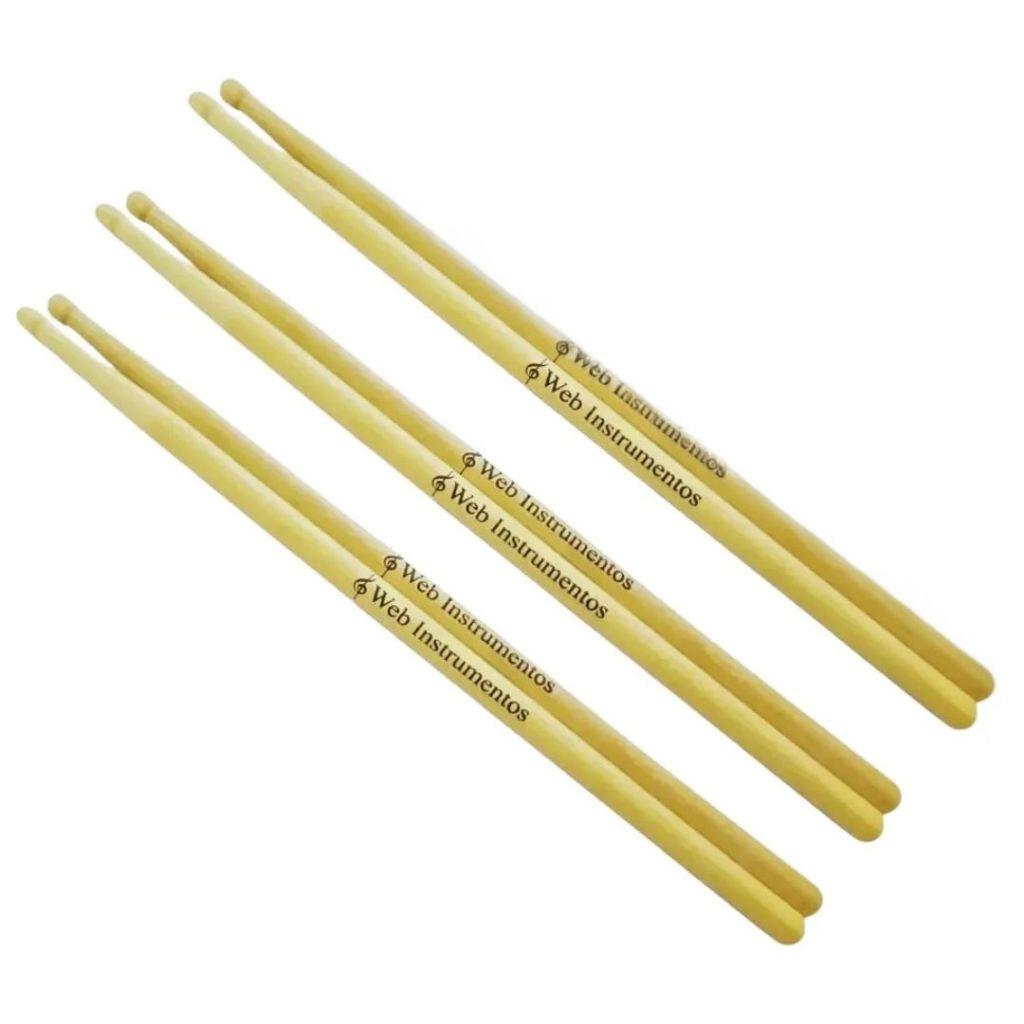 Kit 03 Pares De Baquetas Vanguarda Ponta De Madeira Oliva Bateria Percussão