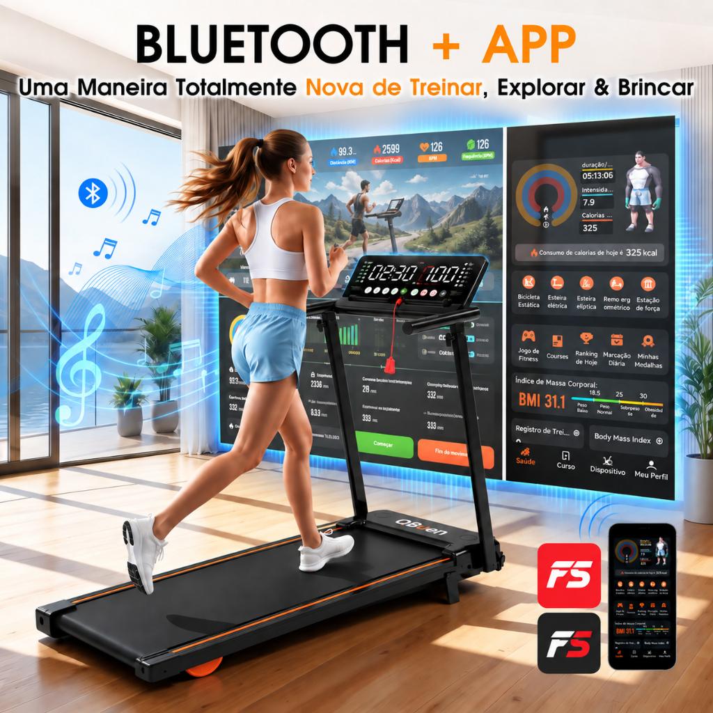 Esteira Elétrica Ergométrica Inteligente Led-tela Bluetooth Inclinação 6 - Velocidade 1-12km/h 127-220v