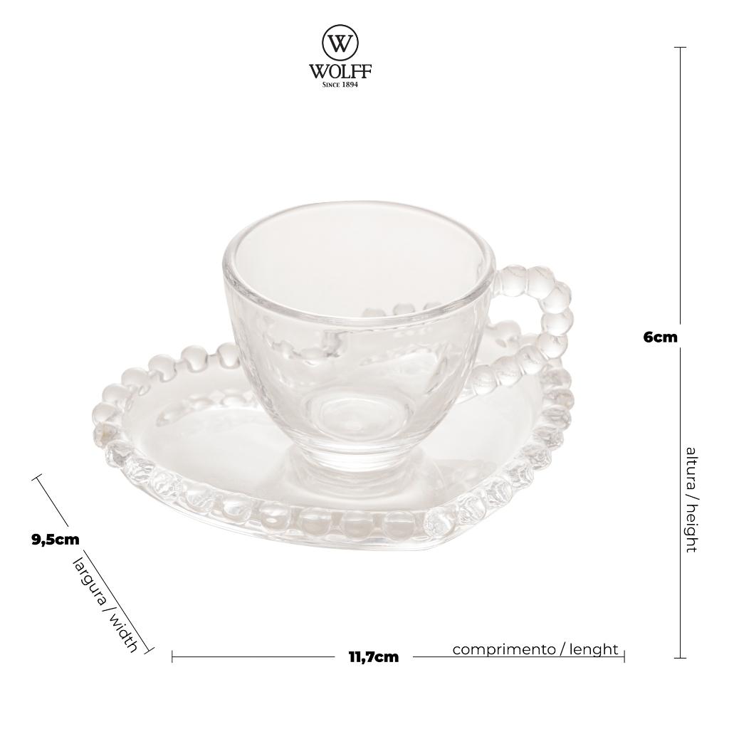 Jogo 4 Xícaras 85ml Para Café De Cristal Com Pires Coração Pearl Wolff