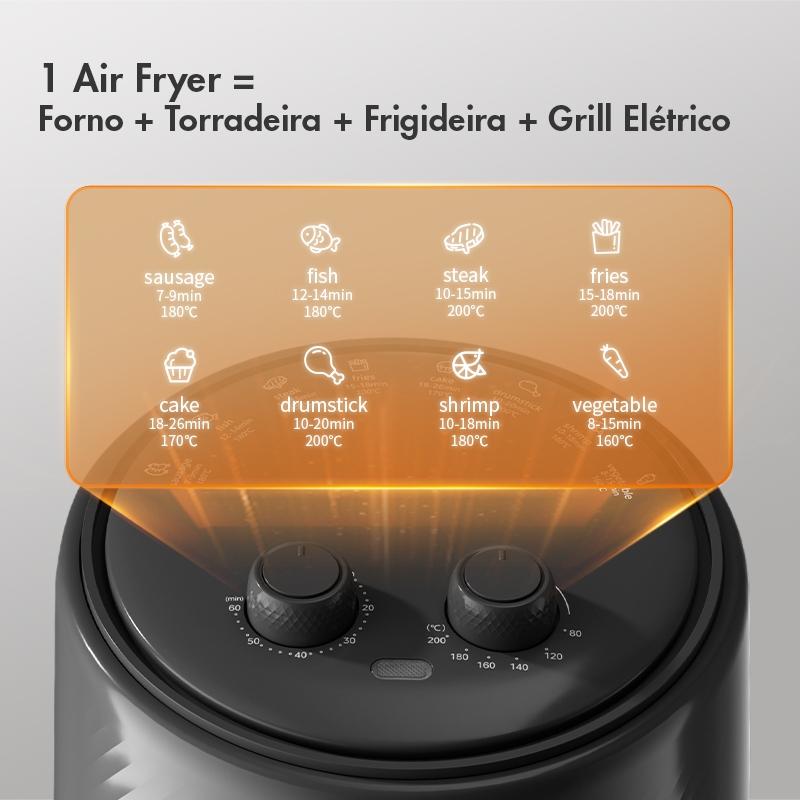 Gaabor Fritadeira De Ar 4L 1300w 360 Circulacao De Ar Cozimento Uniforme Timer Temperatura Desliga Ao Extrair Air Fryer