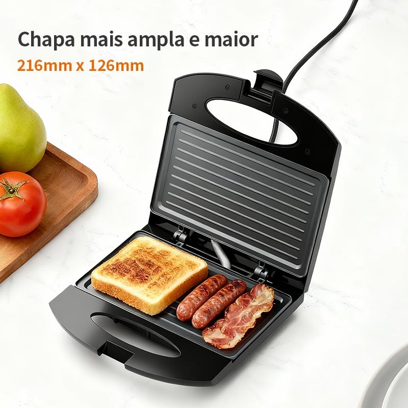 Gaabor Sanduicheira Elétrica 800W Preta Dupla Face Antiaderente Compacta Leve 2 Sandes Grande Eh