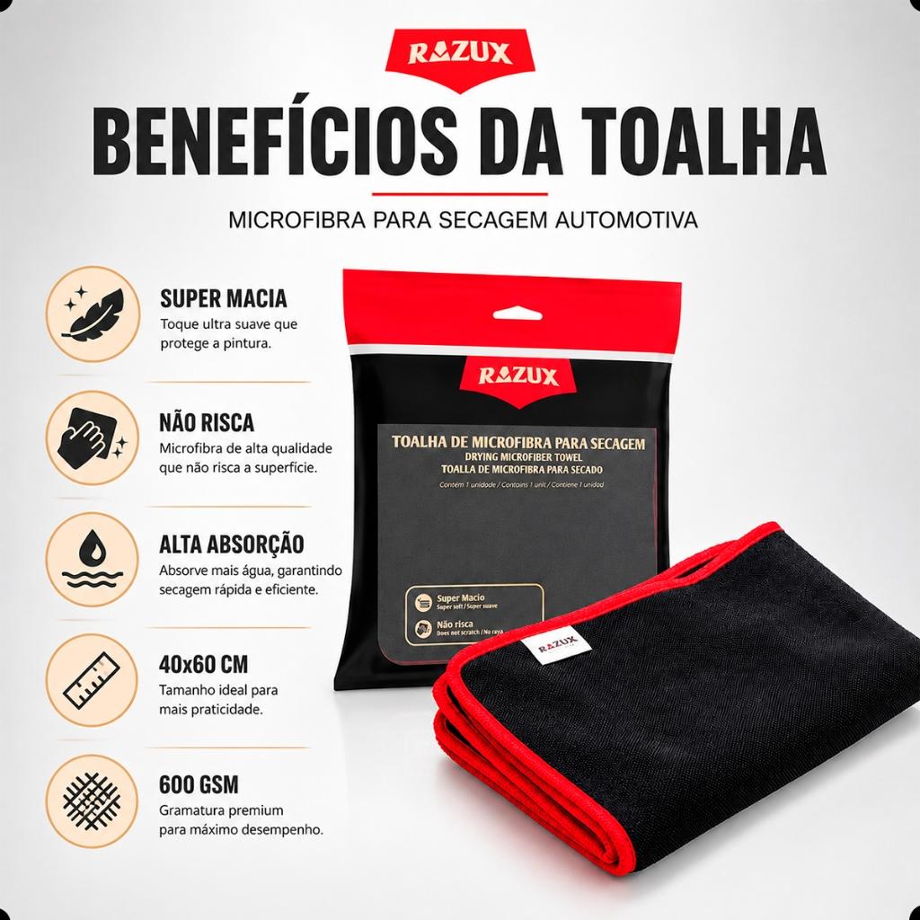 Toalha De Microfibra Para Secagem Automotiva Carro E Moto Alto Poder De Absorção Razux 40x60cm