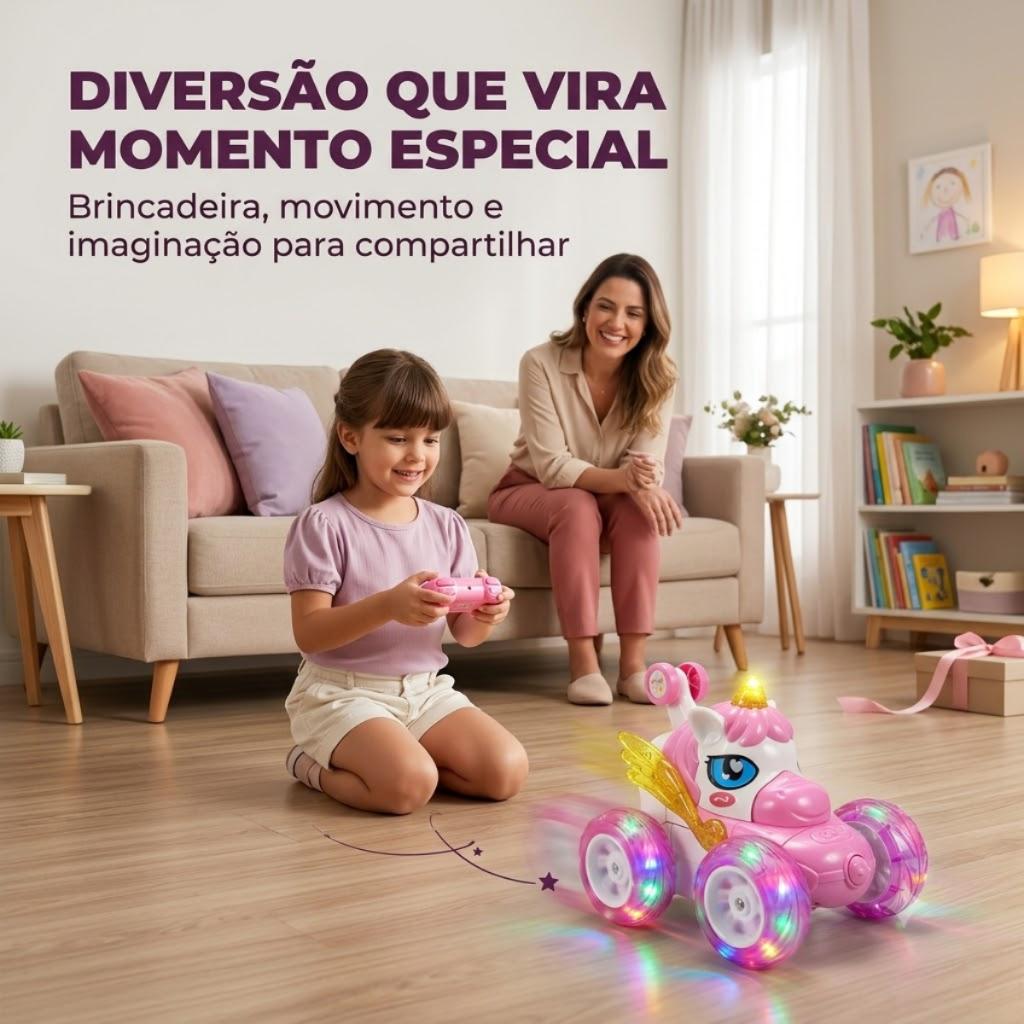 Carrinho De Controle Remoto Unicórnio Maluco Recarregável Luz LED 360 Menina