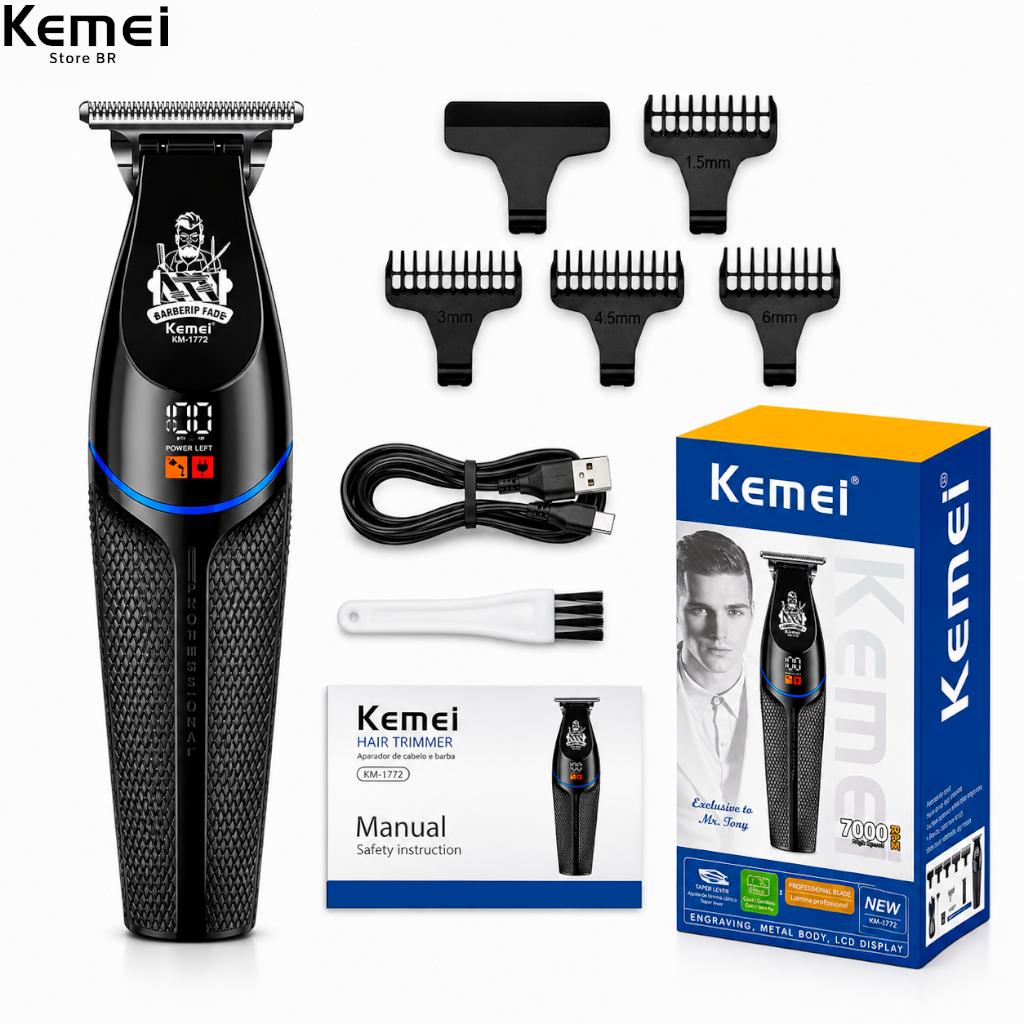 Máquina De Cortar Cabelo Profissional Kemei Km 1772 Aparador De Cabelo Recarregável Tela Lcd Bivolt Sem Fio