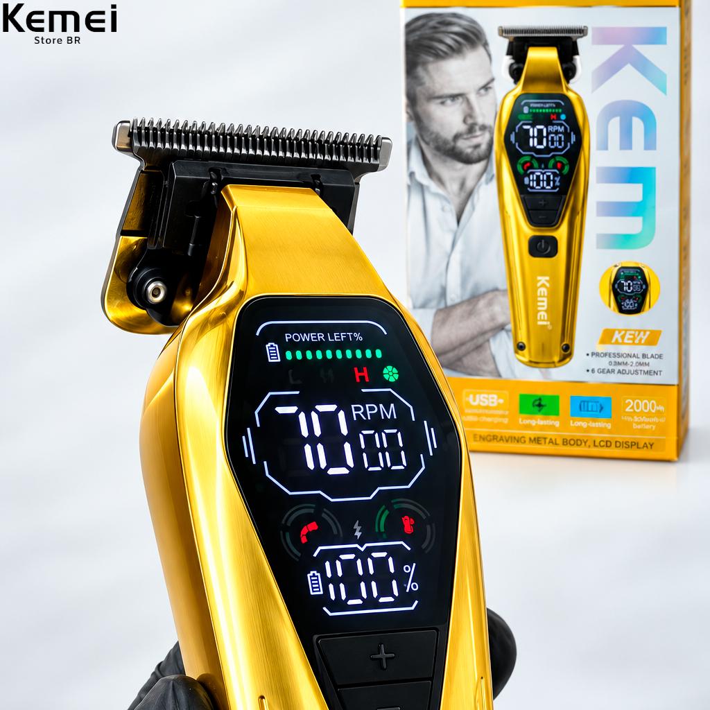 Aparador De Barba Kemei 1697 9000 Rpm Lâmina Totalmente Metálica Com Revestimento Dlc Visor LED