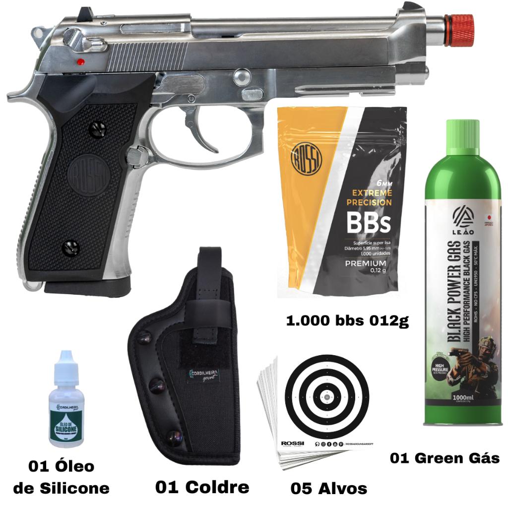 Pistola De Airsoft Beretta M92 Silver Blowback Greengás Gbb 6mm Rossi + Kit Escolhido
