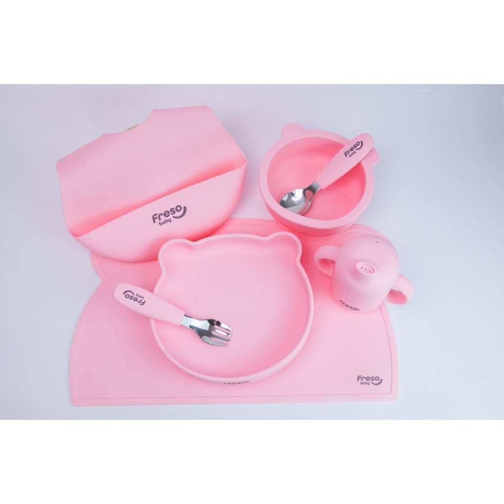 Kit Alimentação Ursinho Bebê Em Silicone 7 Peças Freso Baby Cor Rosa Urso Livre Bpa Segura Infantil