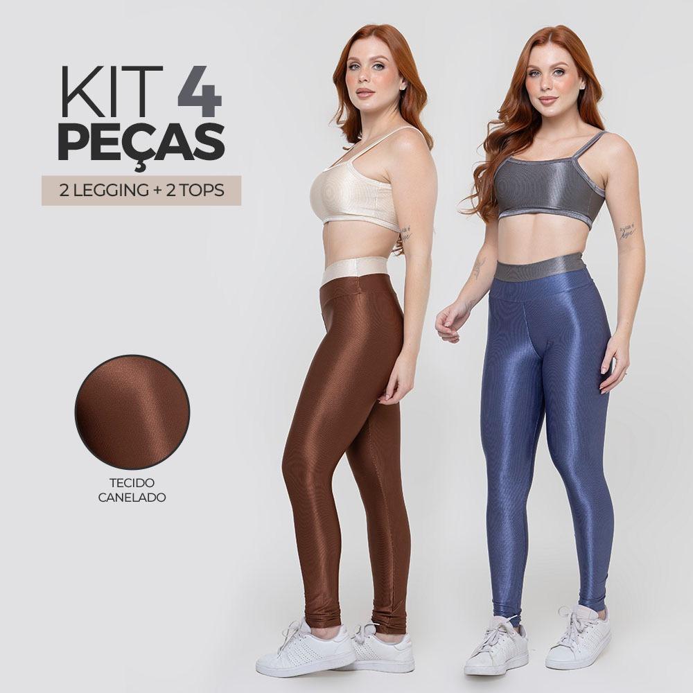 Kit 2 Conjuntos Fitness De Academia Duo Trilobal Canelado Brilhoso Legging Alta Compressão