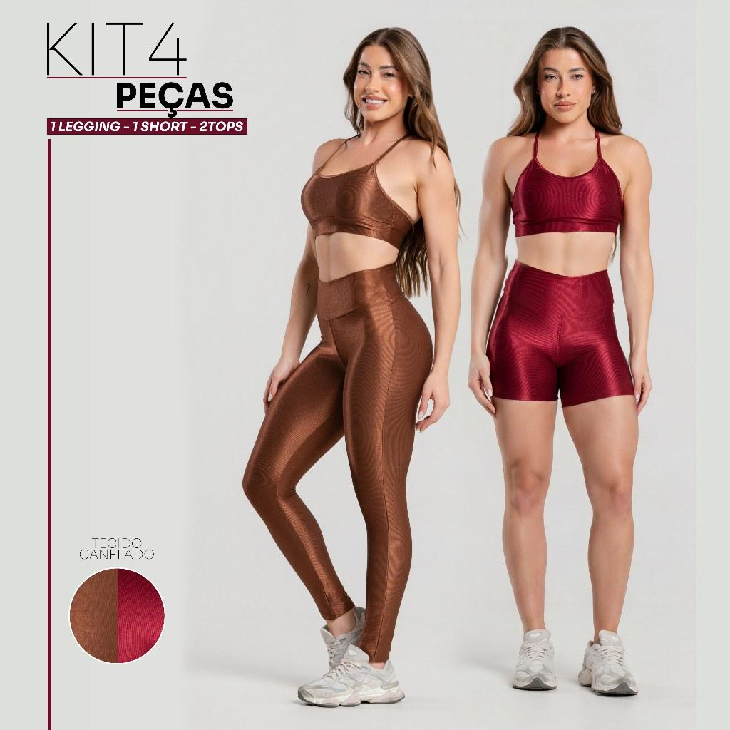 Kit 4 Peças Academia Feminino Conjunto Canelado Brilhoso Completo Confortável