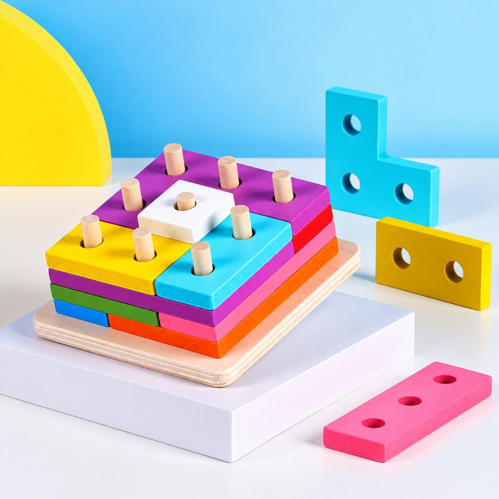 Brinquedo Pedagógico Montessori Encaixe Divertido Formas Mdf Tetris Encaixes Colunas Cores E Formas
