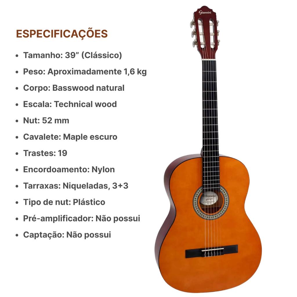 Violao Eletrico Giannini Nylon N14 Natural Kit Completo