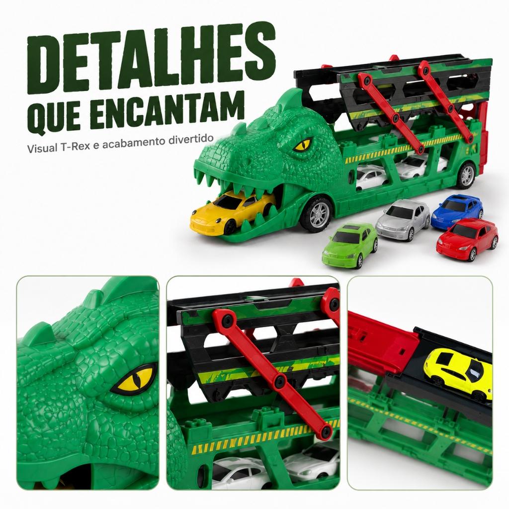 Carrinho Caminhão Carreta Cegonha Leva Carros Dinossauro Com Carrinhos Com Pista Infantil Kizumba