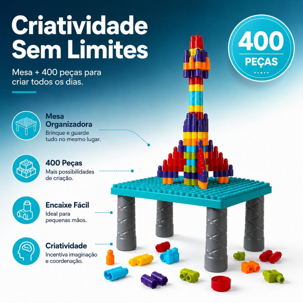 Mesa De Montar Infantil Blocos 400 Peças Com Box Criatividade Sem Limites