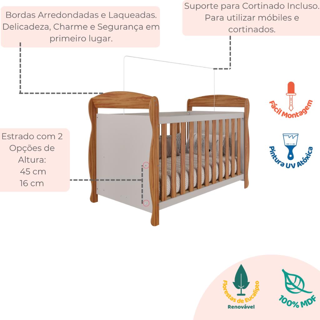 Quarto Bebê Completo Berço Americano Marquesa 3em1 Cômoda 1 Porta 4 Gavetas Telinha Off White 100 Mdf