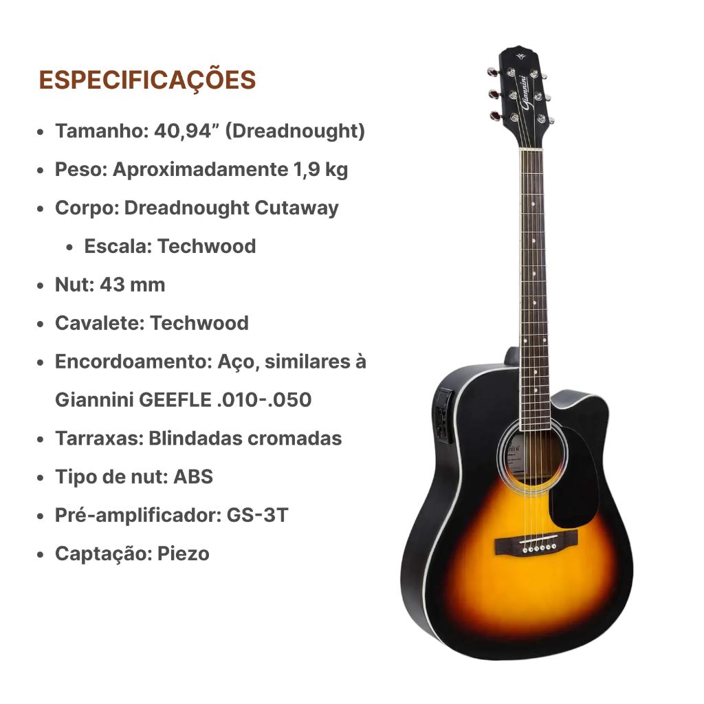 Violão Giannini Elétrico Gdc-1 Vsb Kit Capa Luxo Acessorios