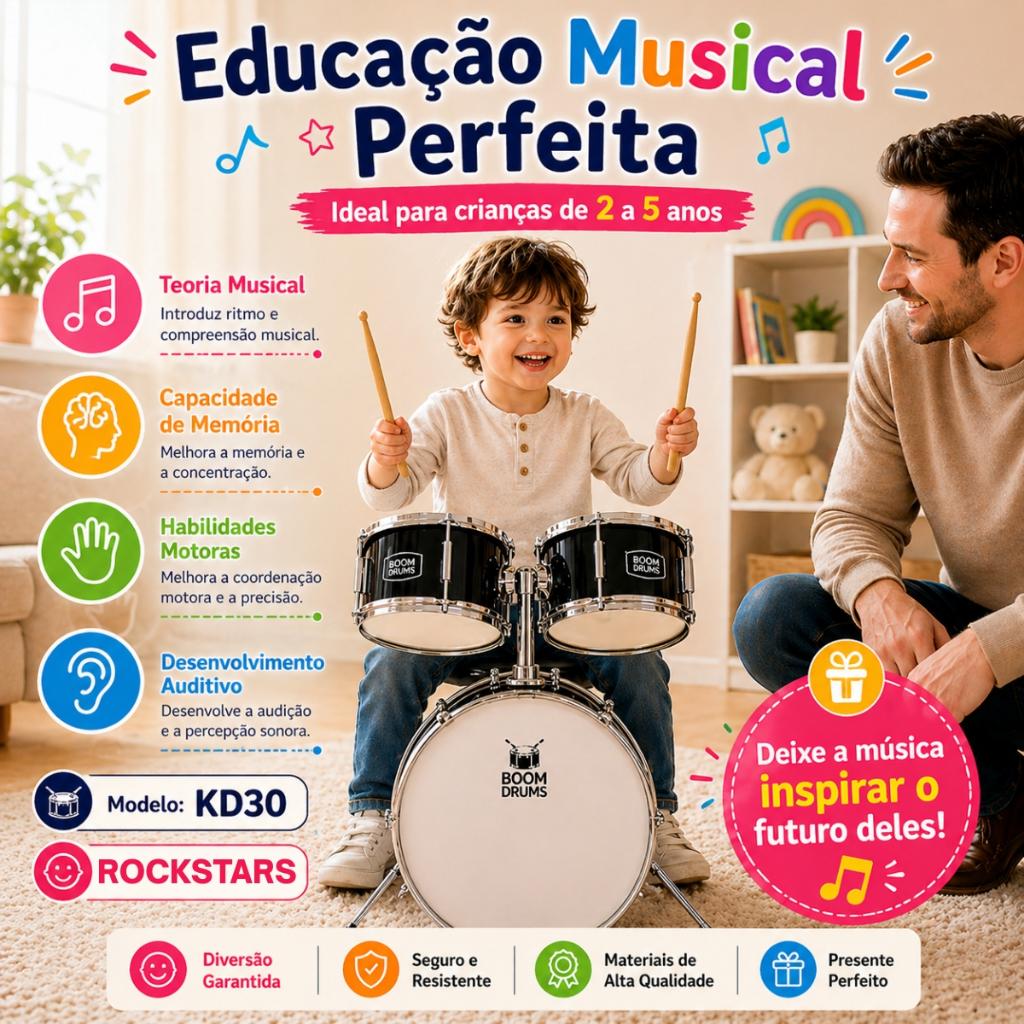 Bateria Infantil Acústica Completa Batuc Boom Kids Kd30 4 Peças Em Madeira Poplar Ferragens Cromada