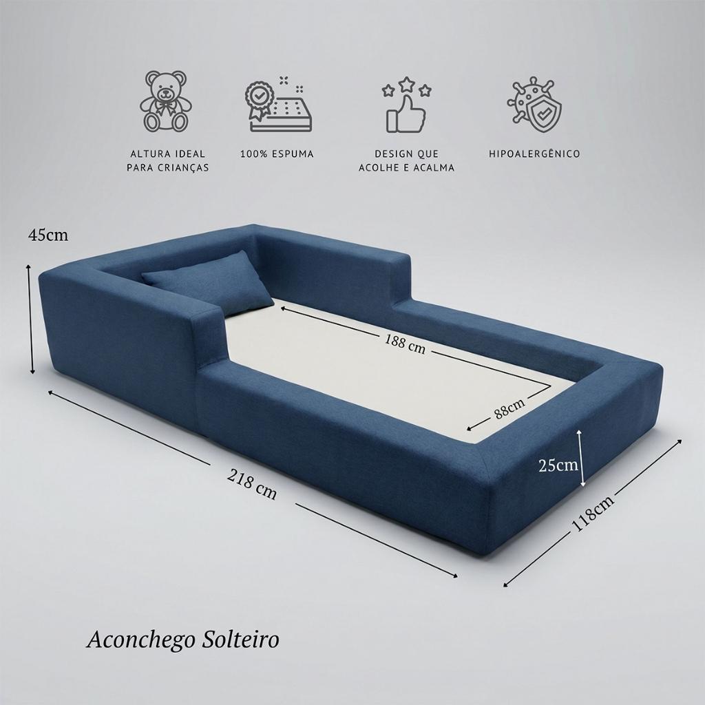 Cama Montessoriana Solteiro Aconchego 100 Espuma Azul Marinho Keiko