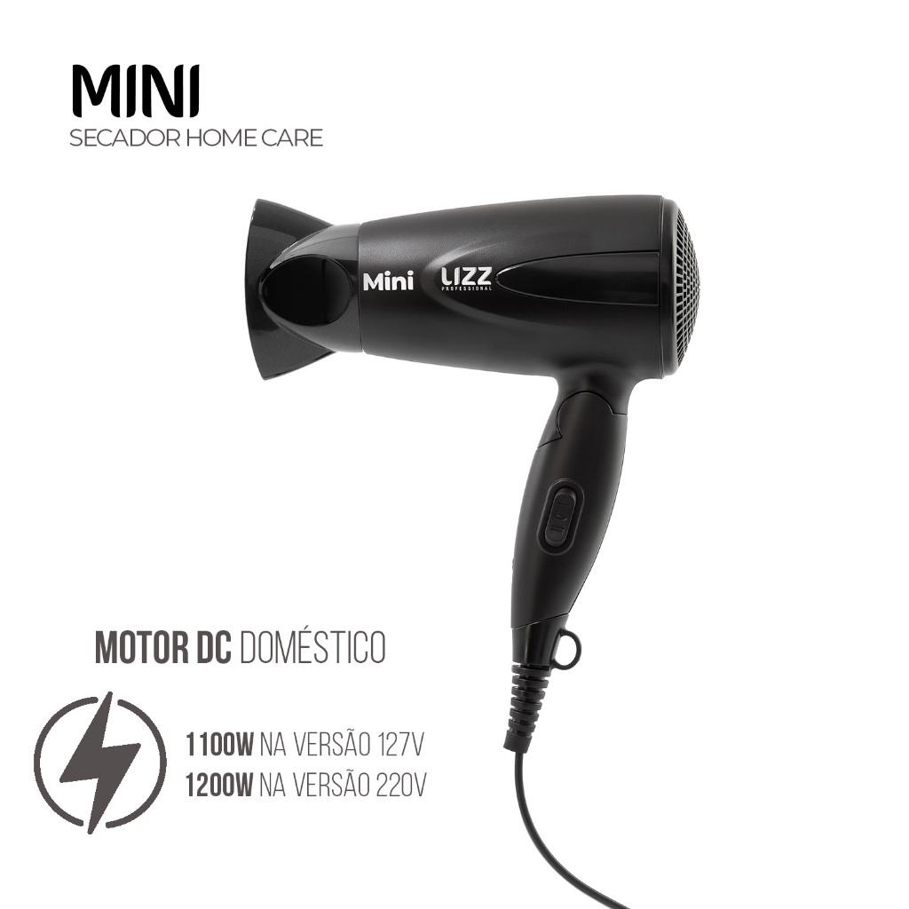 Secador Mini Com Kit Viagem Preto Bivolt (1200w) - Lizz PRO