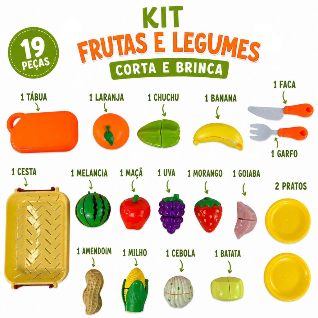 Cesta Frutas Legumes Brinquedo Infantil Interativo 19 Peças Castela