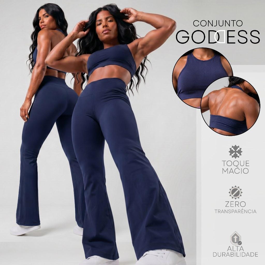 Conjunto Fitness Feminino Calça Flare Cintura Alta + Top Frente Única Academia Yoga Ginástica