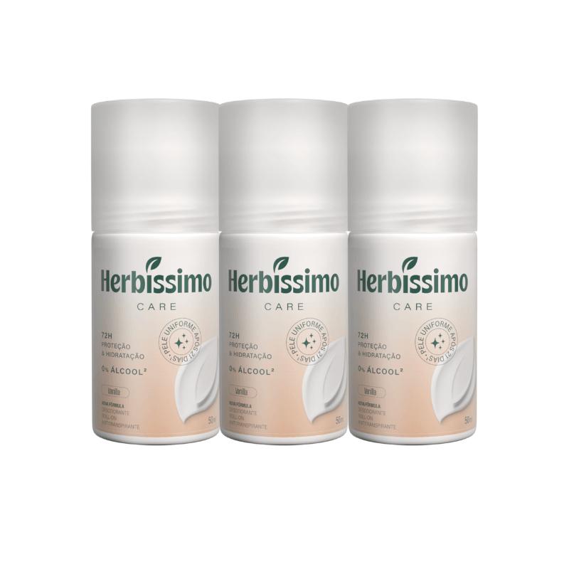 Kit Desodorante Roll-on Antitranspirante Herbíssimo Care Vanilla 50ml (3 Unidades)