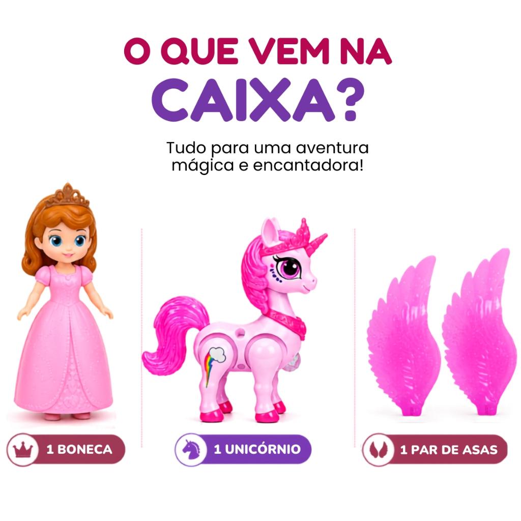 Brinquedo Unicórnio E Princesa Musical Com Asas Articuladas Luz E Som - Castela