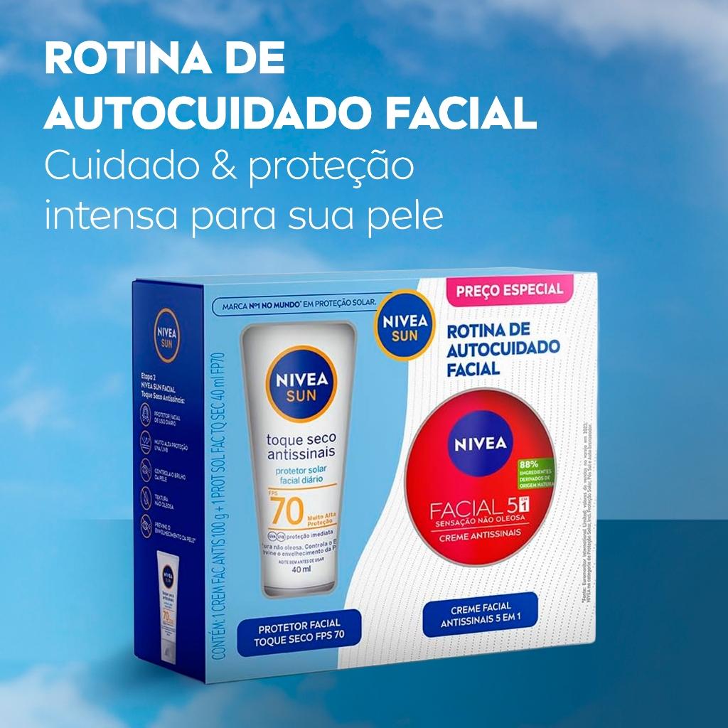 Kit Nivea Creme Facial Antissinais 100g + Protetor Solar Facial Toque Seco Antissinais FPS 70 Sun 40ml