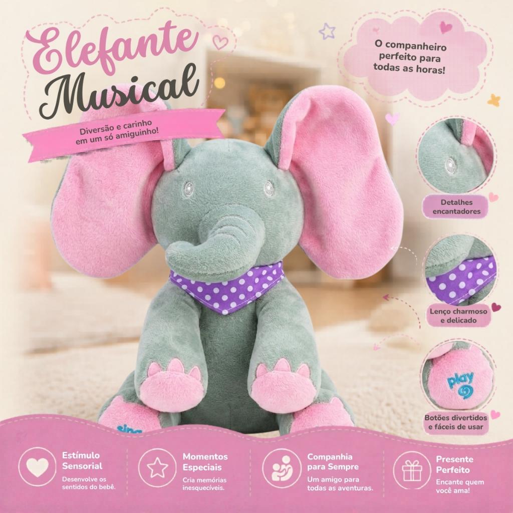 Pelúcia Elefante Animado Musical Peek A Boo Te Achei Castela