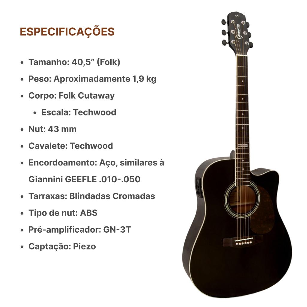 Violão Giannini Gf-1d Ceq Bk Eletrico Folk + Capa +kit Full