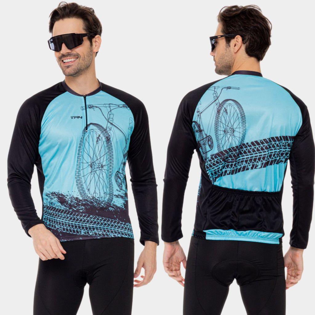 Camisa De Ciclismo Roupa Masculina Bike Roda Azul Frio Manga Longa