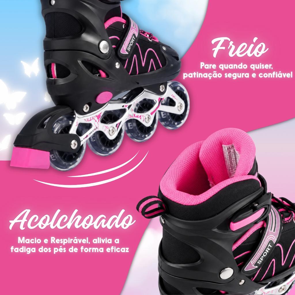 Patins 4 Rodas Infantil Ajustável Roller Inline Kit De Proteção Bolsa Capacete Menina E Menino